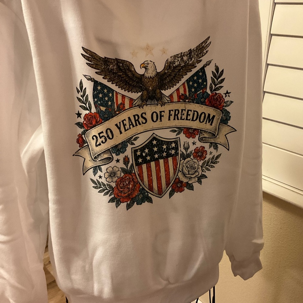 Handmade White Zip-Up Hoodie with Patriotic 250th Anniversary Flag Eagle Graphic